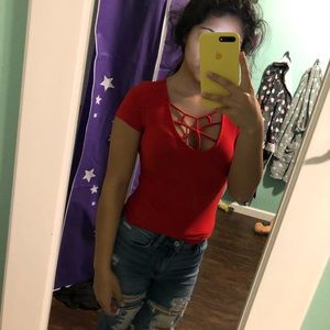 Tight fitting red shirt